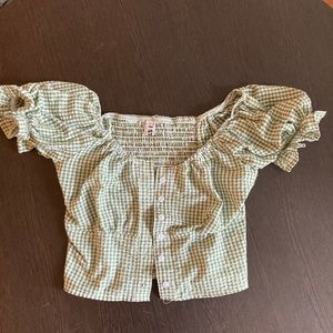 cropped off the shoulder gingham top